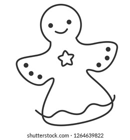Beautiful and nice Christmas gingerbread angel with star and decorative emblem on his dress. Traditional festive cheerful character with smile. Simple minimalist vector illustration, thin line icon