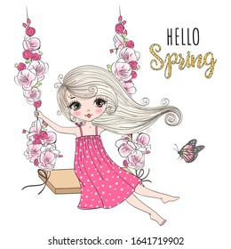 Beautiful, nice, cute girl swinging on a swing on a background with the words Hello Spring.