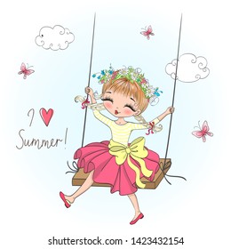 Beautiful, nice, cute red-haired girl swinging on a swing on a background of blue sky with the words I love Summer.