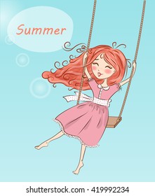 Beautiful, nice, cute red-haired girl swinging on a swing on a background of blue sky with the words Summer.