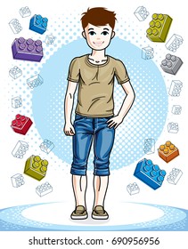 Beautiful nice young teenager boy posing in stylish casual clothes. Vector kid illustration. Fashion and lifestyle theme cartoon.