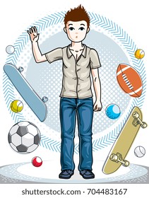 Beautiful nice young teenager boy posing in stylish casual clothes. Vector character. Fashion theme clipart.