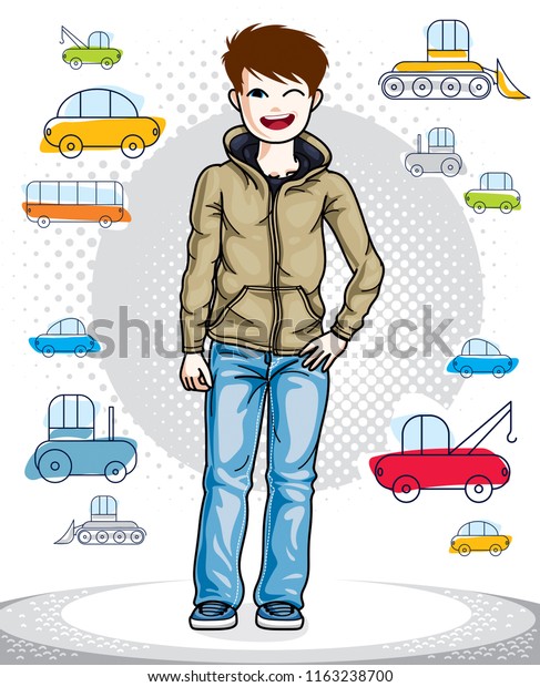 Beautiful nice young teenager boy posing wearing\
fashionable casual clothes. Vector pretty nice human illustration.\
Fashion theme\
clipart.