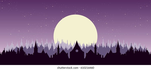Beautiful nigh over town and forest
mystic nature vector illustration, minimalism, flat