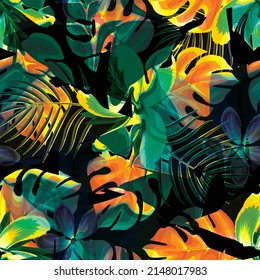 beautiful night background design wallpaper with colorful abstract tropical monstera coconut leaves and hibiscus frangipani flower plant foliage on dark. Exotic shirt. Summer design. Floral background