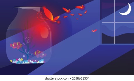 Beautiful night background with fireflies, light and shadow and night view with moon outside window and two small fish in a water full of jar vector illustration, concept art.