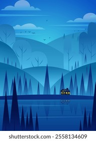 Beautiful Night Background  Vector, Blue gradient landscape, river side cottage, night, flat background vector illustration 