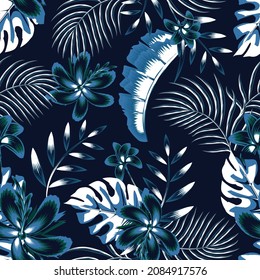 beautiful night background vector design with light shine tropical monstera palm leaves and plants foliage seamless pattern fashionable. vector design. Exotic tropics. Summer design. print texture