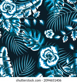 beautiful night background vector design with blue monochromatic abstract flowers plants foliage and banana monstera palm leaves on dark. Floral background. beach pattern. Summer design. wallpaper