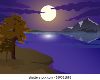 Beautiful night background. Vector illustration. Lake landscape