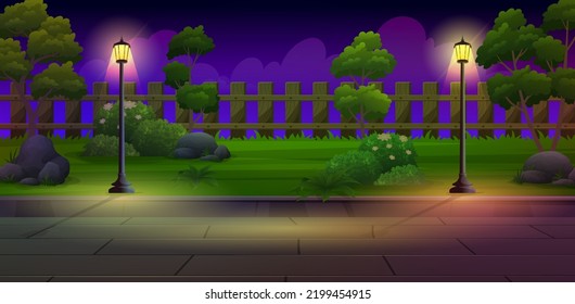 Beautiful Night Backyard with Garden lamp, wooden fence, green lawn and trees vector illustration