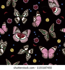 Beautiful night butterflies flying ,lady bug,insect seamless pattern vector scattered repeat for fashion ,fabric ,wallpaper and all prints on black background color