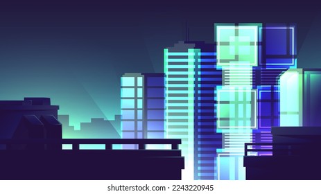 Beautiful night city illuminated view from the rooftop. Shining modern buildings.
