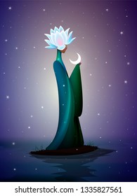 hermosa hadas nocturnas, hada de espionaje, fantástica 
 cucaracha de río, silueta de mujer con flores de lirio en la parte superior del río y la luna, vector