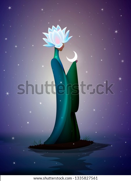 美しい夜の妖精 スピング妖精 幻想的 川の上の頭にユリの花と月の花を持つ女性のシルエットの川の妖精 のベクター画像素材 ロイヤリティフリー
