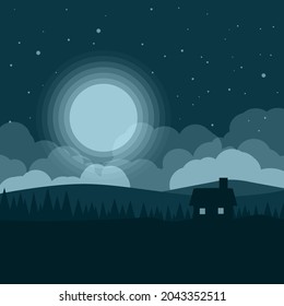 Beautiful night flat landscape with house and moonlight