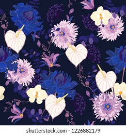  Beautiful night Floral pattern in the many kind of flowers. Tropical botanical . Seamless vector texture.fashion prints. Printing with in hand drawn style on navy blue background color