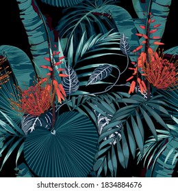 Beautiful night floral seamless pattern background with blue tropical banana palm leaves and flowers. Perfect for wallpapers, web page backgrounds, surface textures, textile. Black backdrop.