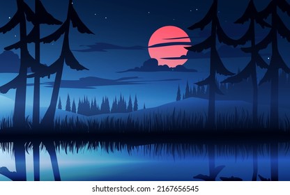 Beautiful night in forest with pond and moonlight