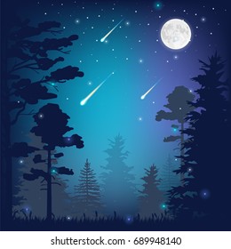 Beautiful night forest scene with a full moon and falling stars