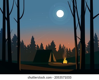 Beautiful night in forest with tent and campfire