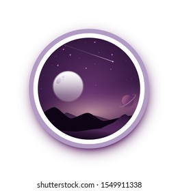 Beautiful night landscape in circle with mountain and full moon. Vector illustration. Night Landscape with silhouettes of hills, and beautiful night sky with stars and the moon.