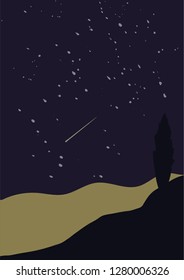 Beautiful night landscape with cypress. Vector illustration. Eps 10.