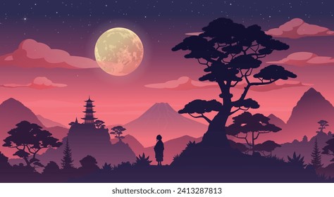 Un bonito paisaje nocturno japonés, bañado por suaves tonos rosa y naranja. Una chica se para en la calle y mira el templo. El paisaje vectorial al estilo de las caricaturas.