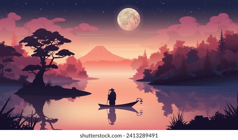 A beautiful night landscape of Japan, bathed in soft shades of pink and orange. The fisherman stands on the boat and looks out over the moon. Vector landscape in cartoon style.