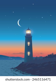 Beautiful night landscape with lighthouse. Vector illustration