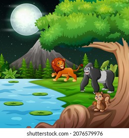 A beautiful night landscape with lion and gorilla by the lake