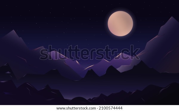 Beautiful night\
landscape with moon and\
mountains