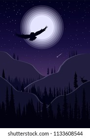 Beautiful night landscape with mountain and full moon. Vector illustration.