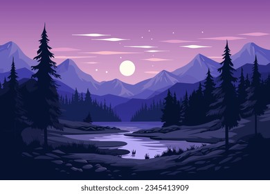 Beautiful night landscape of mountains, lakes and forests. Moon over mountain lake, beautiful mountains and forest. Vector illustration.