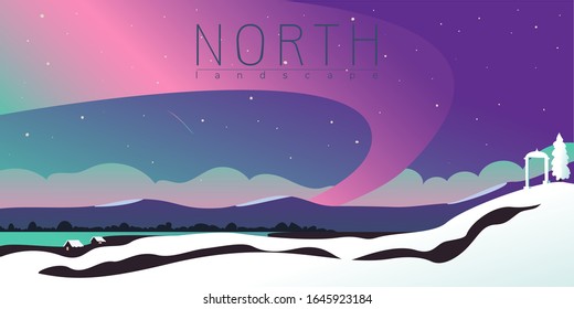 Beautiful night landscape with northern lights. Trendy vcetor illustration. Eps 10.