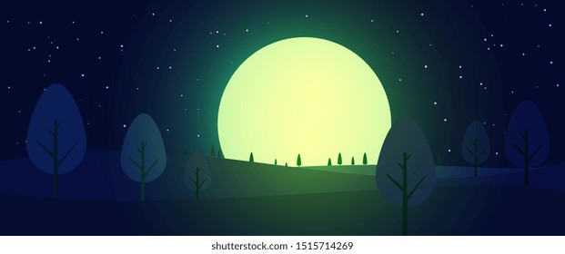 Beautiful night landscape panoramic composition with big moon, treers and hills. Vector fairy illustration in flat colorful style. Horisontal nature background.