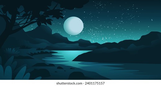 Beautiful night landscape with river and full moon