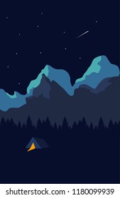 Beautiful night landscape with a tent. Flat design. Vector illustration. Eps 10.