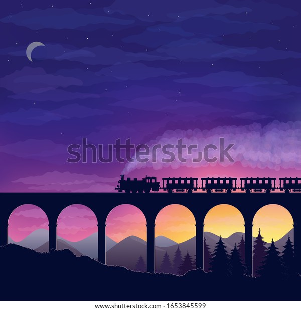 星空を背景に橋 山 森を走る列車を持つ美しい夜景 ベクターイラスト のベクター画像素材 ロイヤリティフリー