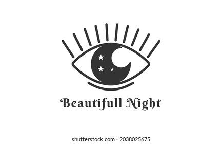 Beautiful night logo design. Dual meaning logo with a crescent moon with stars in eyes.