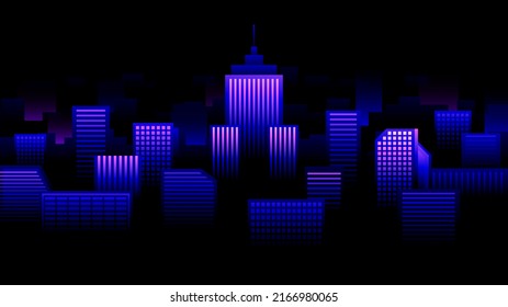 Beautiful night metropolis on a black background. Dark city with skyscrapers and tower. Horizontal vector illustration.