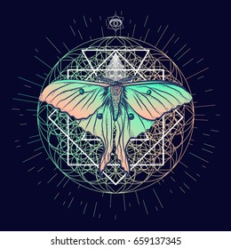 Beautiful night moth boho print. Fantasy graphic. Design a poster for a t-shirt. Vector illustration EPS10.