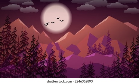 Beautiful night mountain landscape. Coniferous trees against the background of hills, mountains, sky with a big moon, clouds, flying birds. Author's work. Vector.