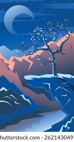 Beautiful night mountain landscape. Lonely deciduous tree on the edge of a cliff against the background of a river among the mountains, night sky with the moon, clouds, stars. Vector.