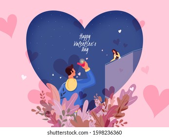 Beautiful Night Nature View Background with Young Man Proposing to Woman Standing on Her Home Roof for Happy Valentine's Day Celebration.