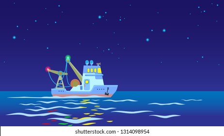 Beautiful night in open sea. Night shift of workers of the ocean. Stars, waves, trawler ship, and netting work