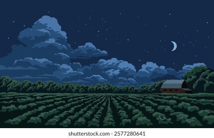 Beautiful night over countryside farm with crescent moon and stars