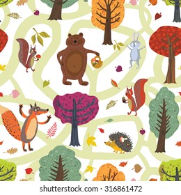 Beautiful night pattern with cartoon forest animals, squirrels, hedgehogs, bears, fox, hare autumn leaves and mushrooms