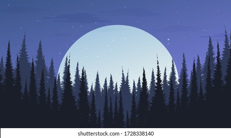 Beautiful Night Pine Forest with the moon,landscape background, evening concept design,vector