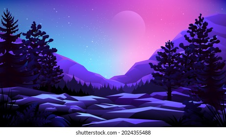 Beautiful night rocky terrain on mountains background.